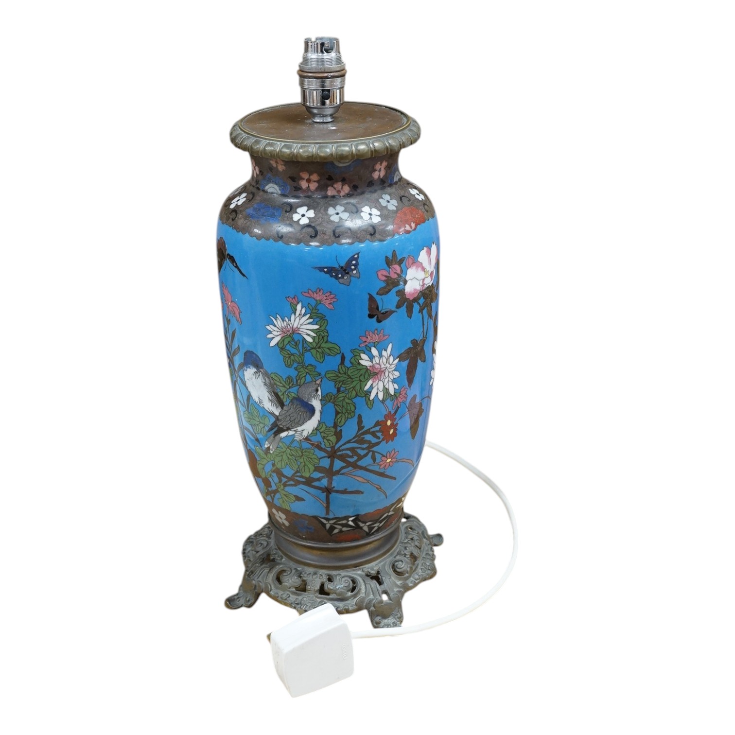 A Japanese brass-mounted cloisonné lamp base, 41cm total. Condition - fair to good, not tested